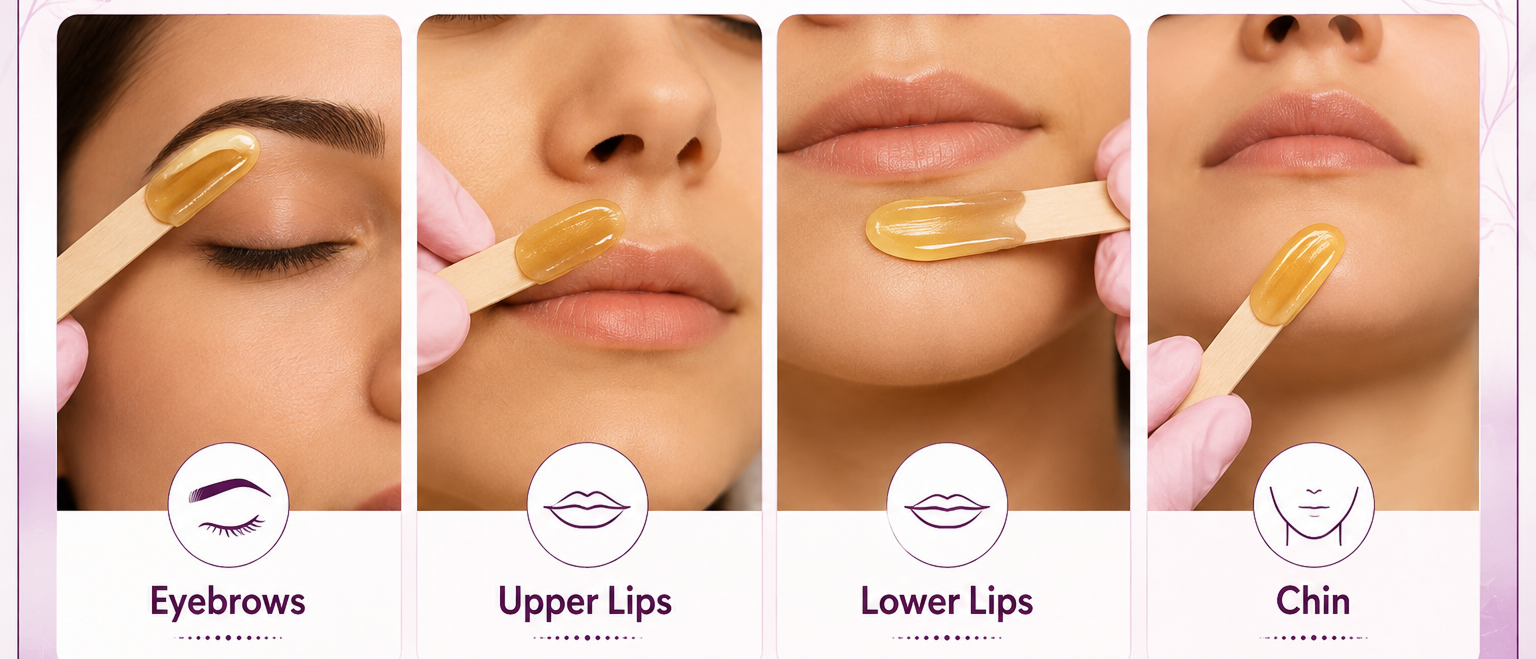 Eyebrows , Upper Lips, Lower Lips, Chin (Hot Wax) (F)